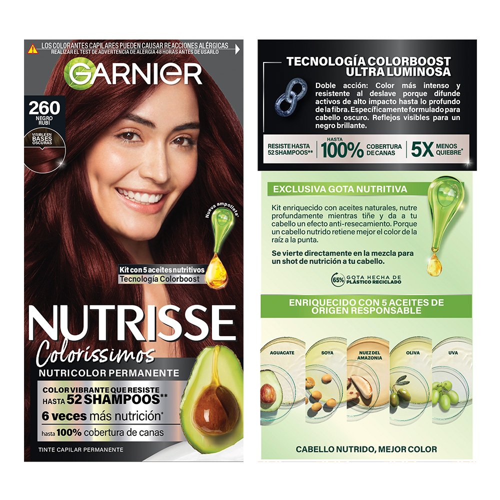 GARNIER NUTRISSE, NUTRISSE, NUTRISSE COLORÍSSIMOS, COLORACIÓN DE CABELLO, TINTE DE CABELLO, COLOR INTENSO, COLORACIÓN, FÓRMULA VEGANA, CRUELTY FREE, TONO 260, NEGRO RUBÍ